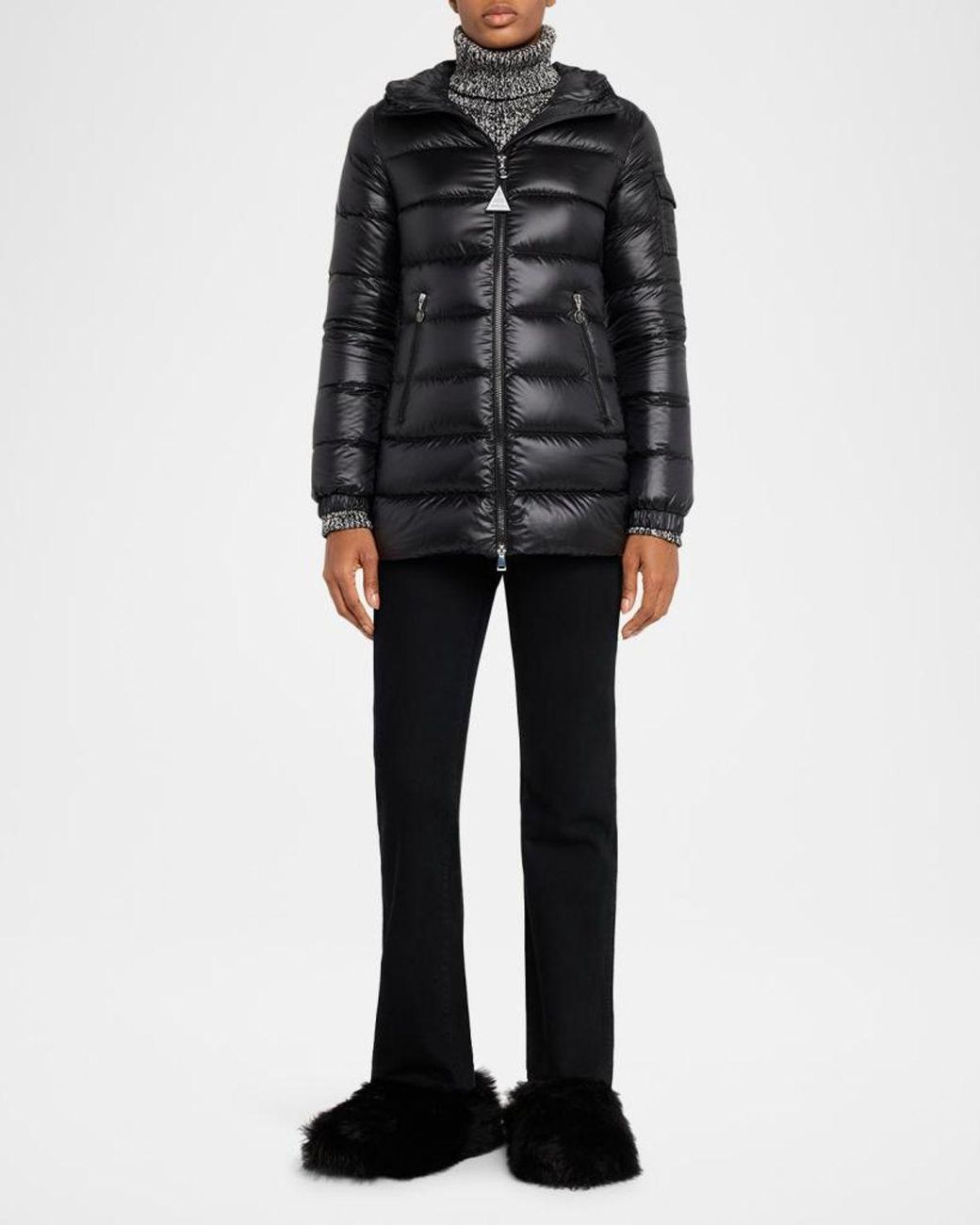 Moncler Black Glements Hooded Mid-Length Down Jacket
