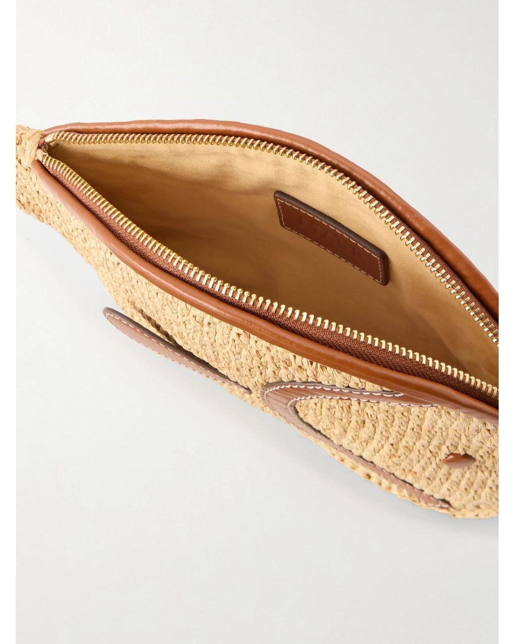 Staud Natural Pesce Leather-Trimmed Raffia Clutch