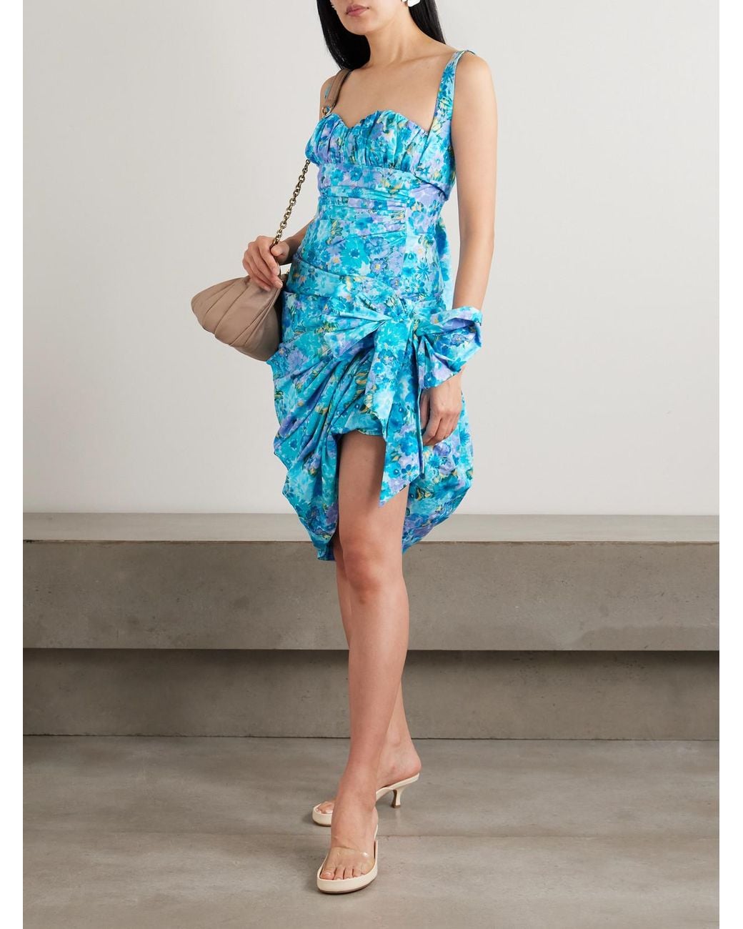 Chloé Blue Asymmetric Bow-Detailed Draped Gathered Floral-Print Cotton Mini Dress