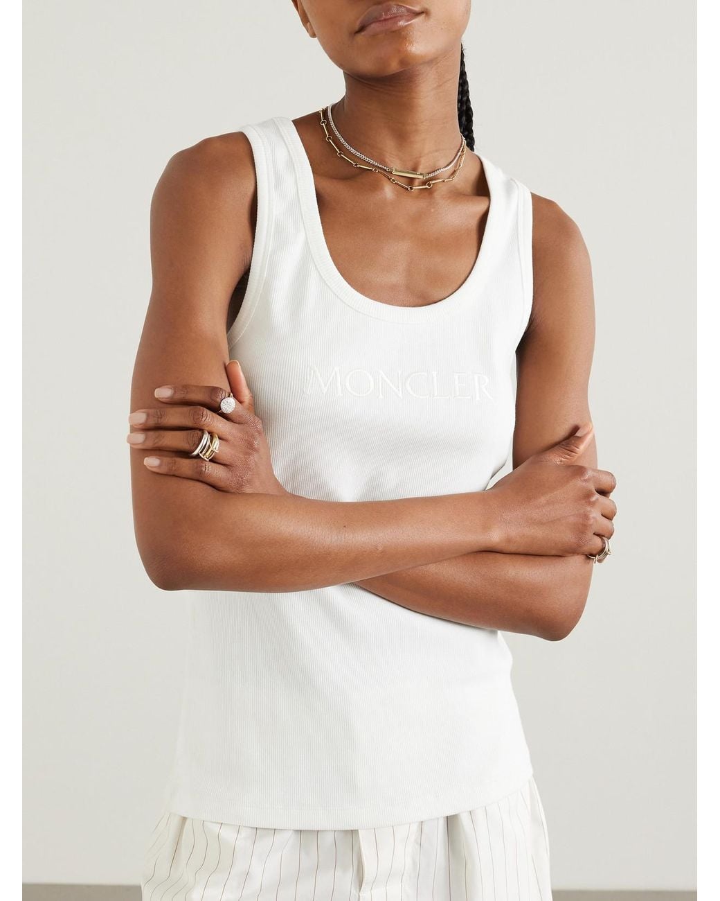 Moncler White Embroidered Ribbed Stretch-Cotton Tank
