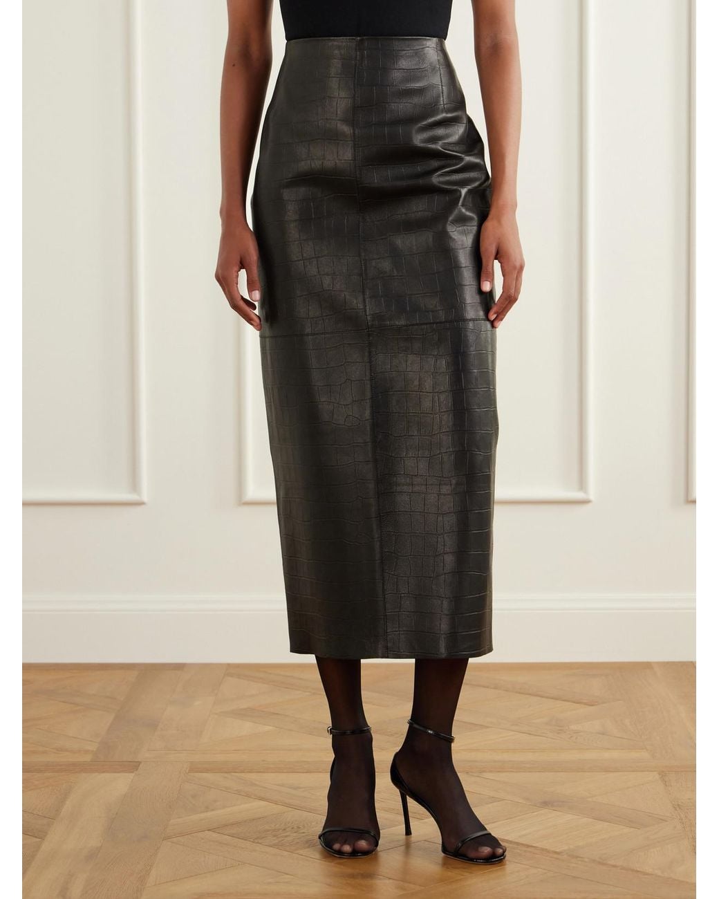 Nour Hammour Black Elyse Paneled Croc-Effect Leather Midi Skirt