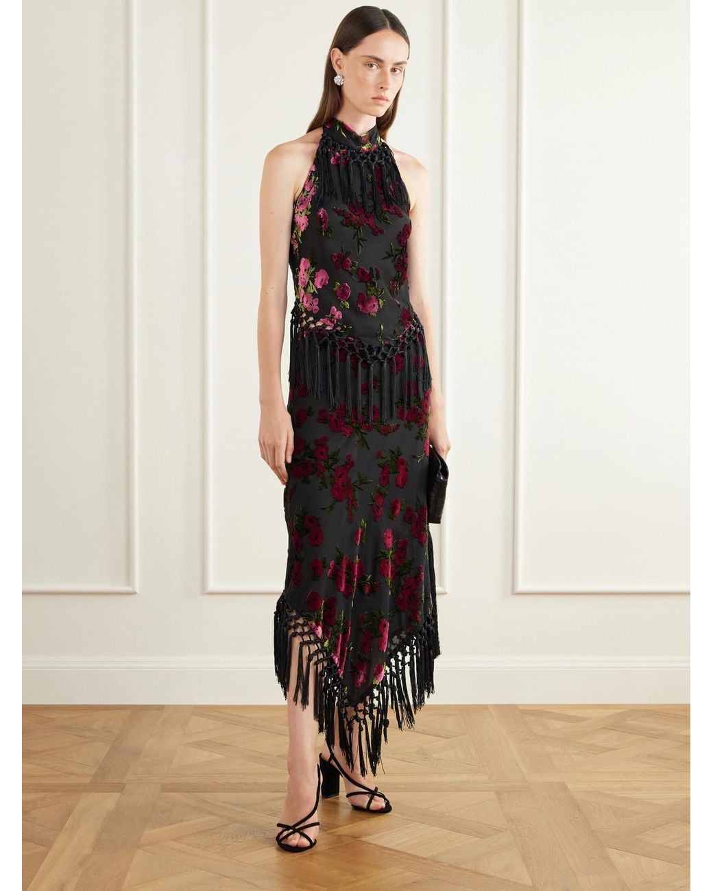 Anna Sui Black Asymmetric Floral-Flock Fringe-Trimmed Crepe Midi Skirt