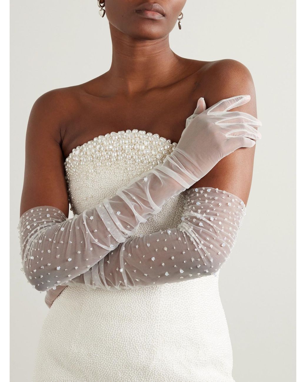 Clio Peppiatt White Chantilly Embellished Ruched Tulle Gloves