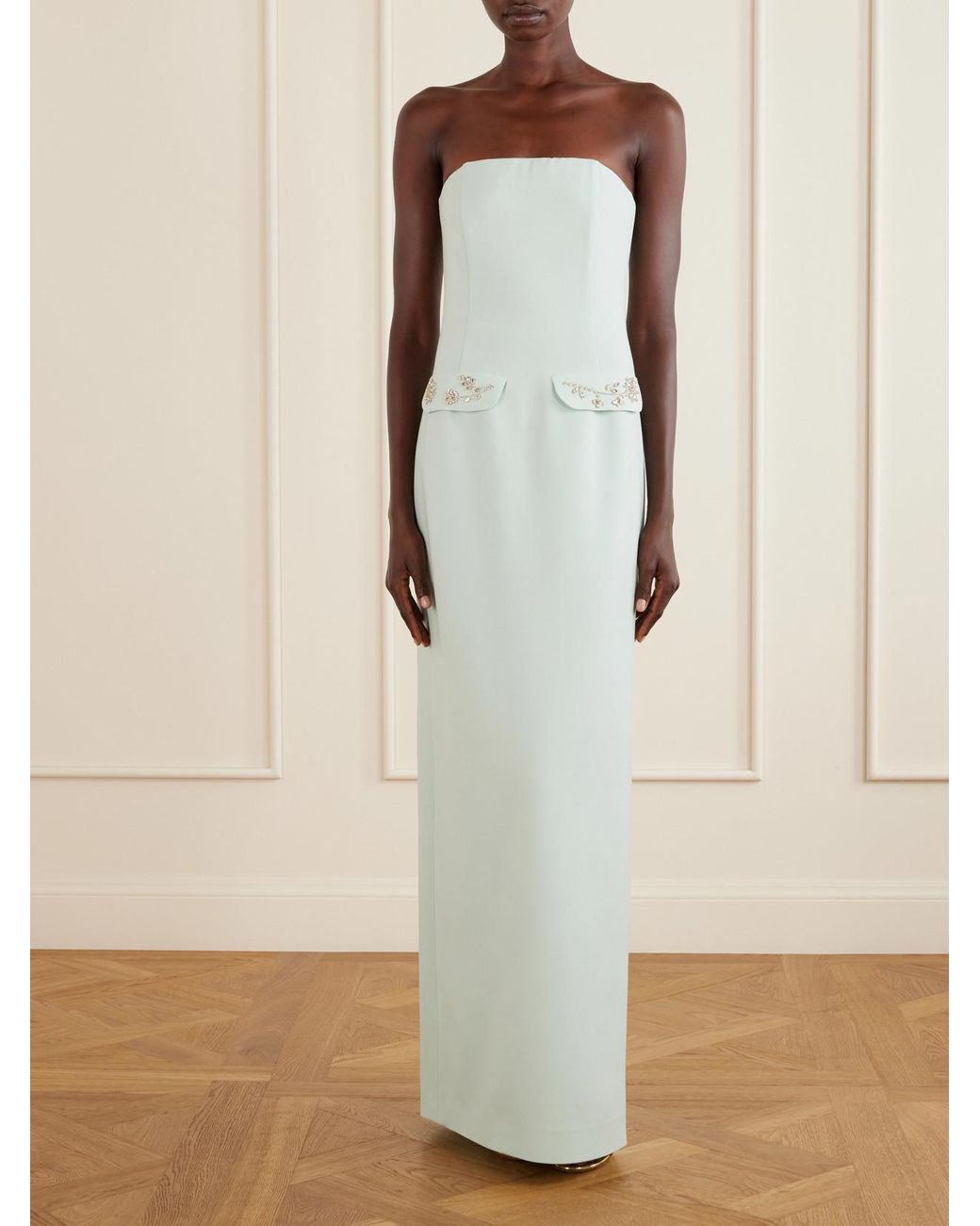 Oscar de la Renta Blue Crystal-Floral Embroidered Stretch-Wool Gown