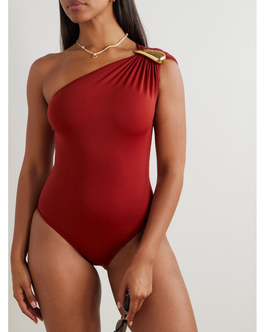 Bottega Veneta Red One-Shoulder Embellished Swimsuit