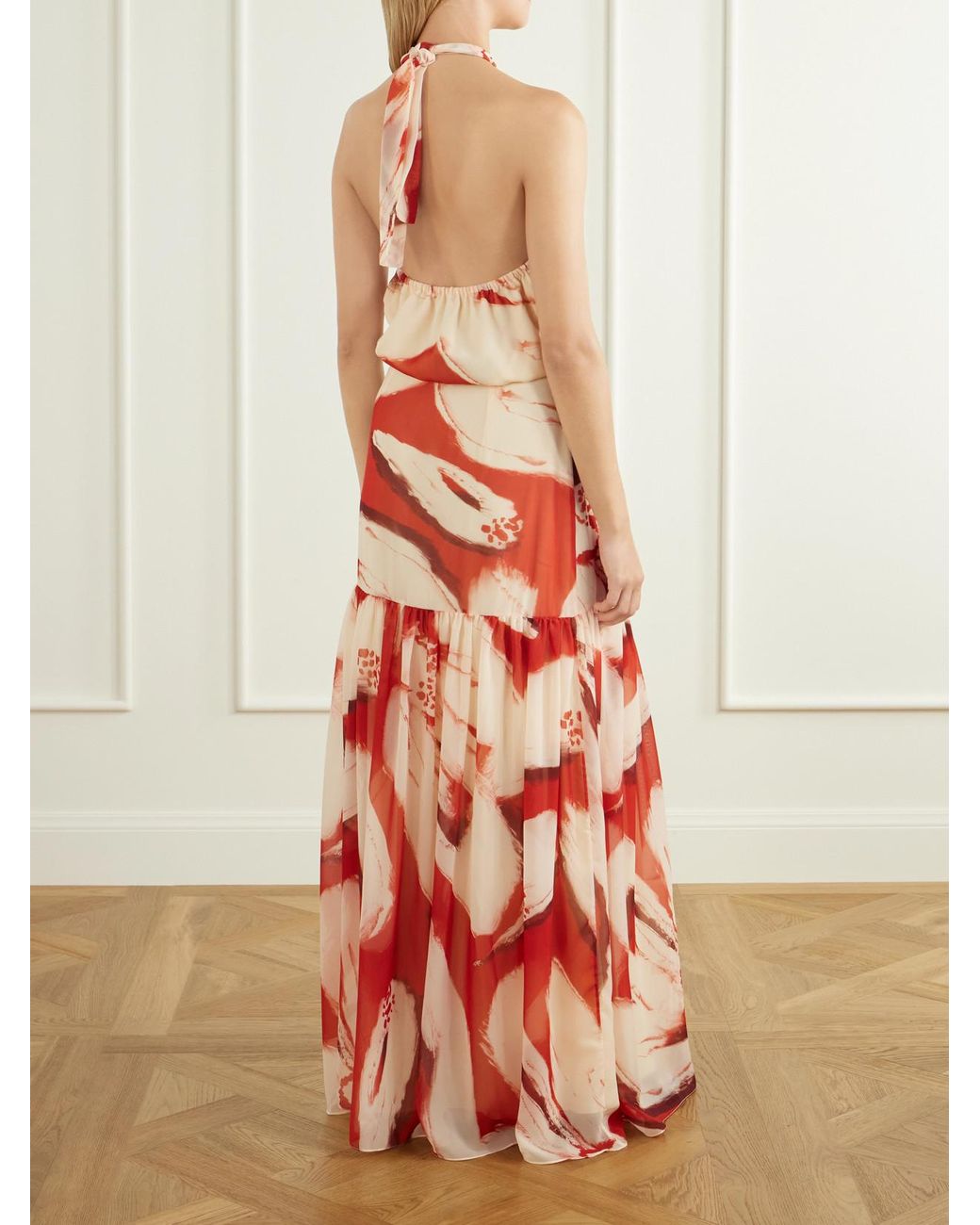 ANDRES OTALORA Red Un Martini Floral-Print Chiffon Maxi Dress