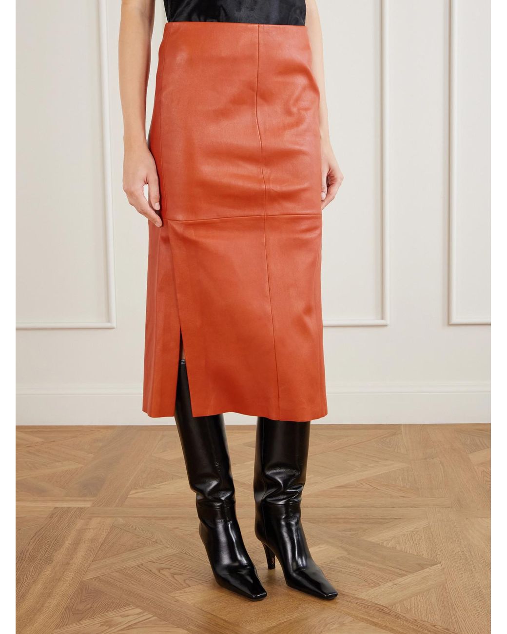 Stouls Orange Winona Leather Midi Skirt