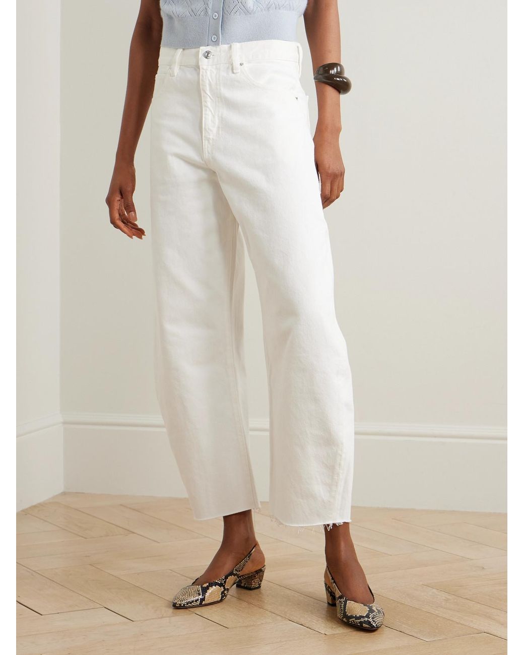 FRAME White The Bubble Crop Frayed High-Rise Barrel-Leg Jeans