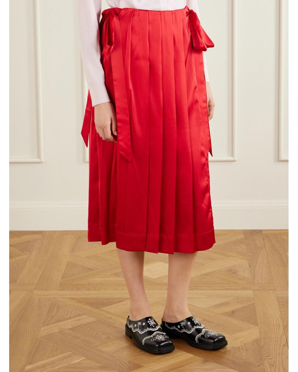Simone Rocha Red Pleated Sheer Satin Midi Skirt
