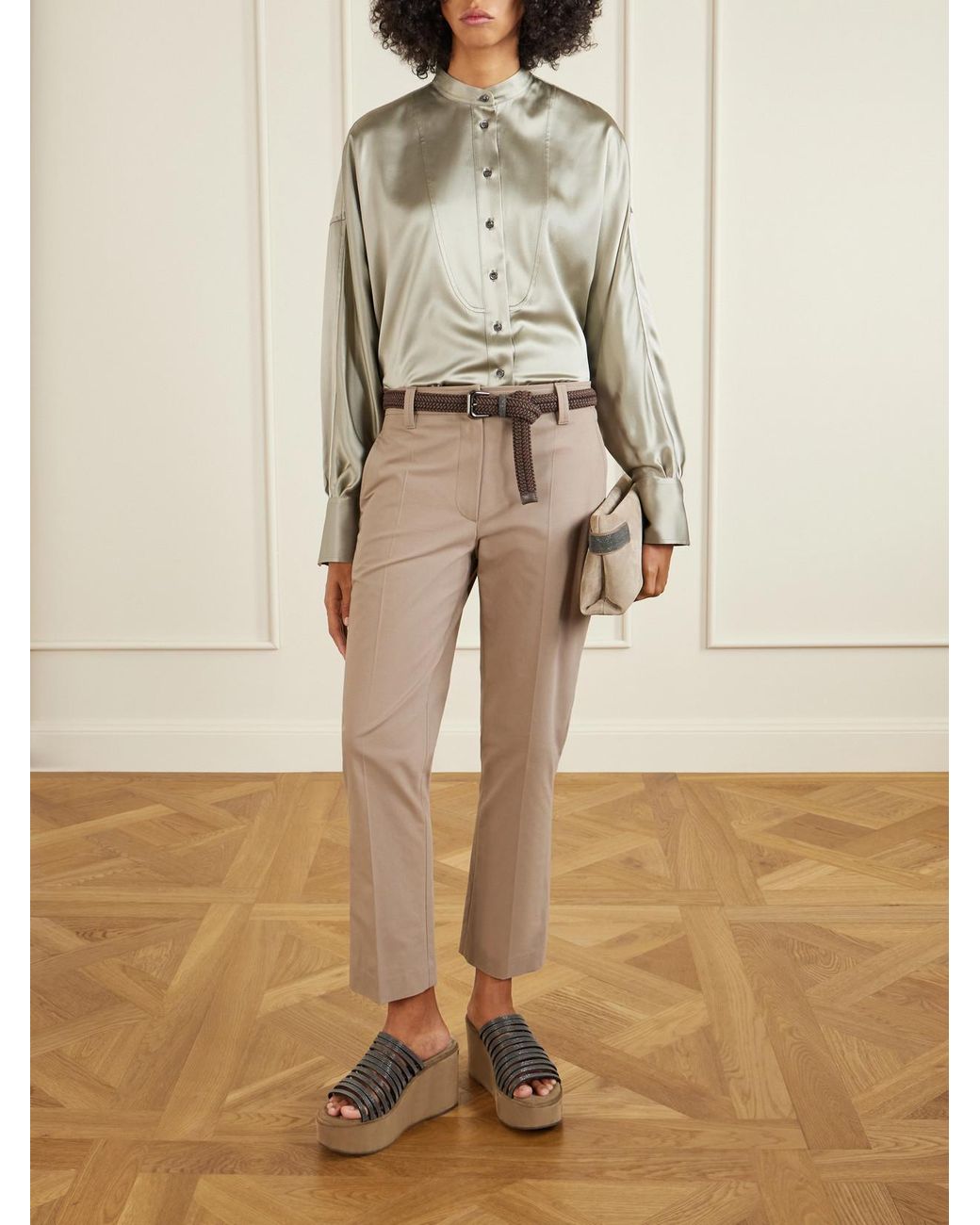 Brunello Cucinelli Green Bead-Embellished Silk-Blend Satin Shirt