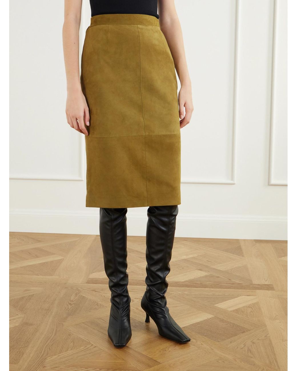 Altuzarra Green Hank Paneled Suede Knee-Length Skirt