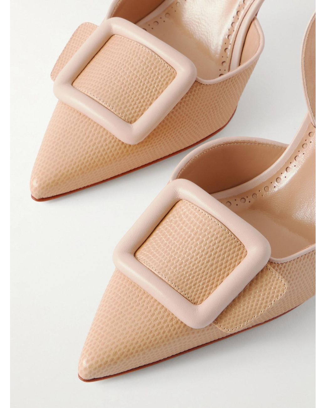 Manolo Blahnik Natural Mayslibi 70 Lizard-Effect Leather Slingback Pumps