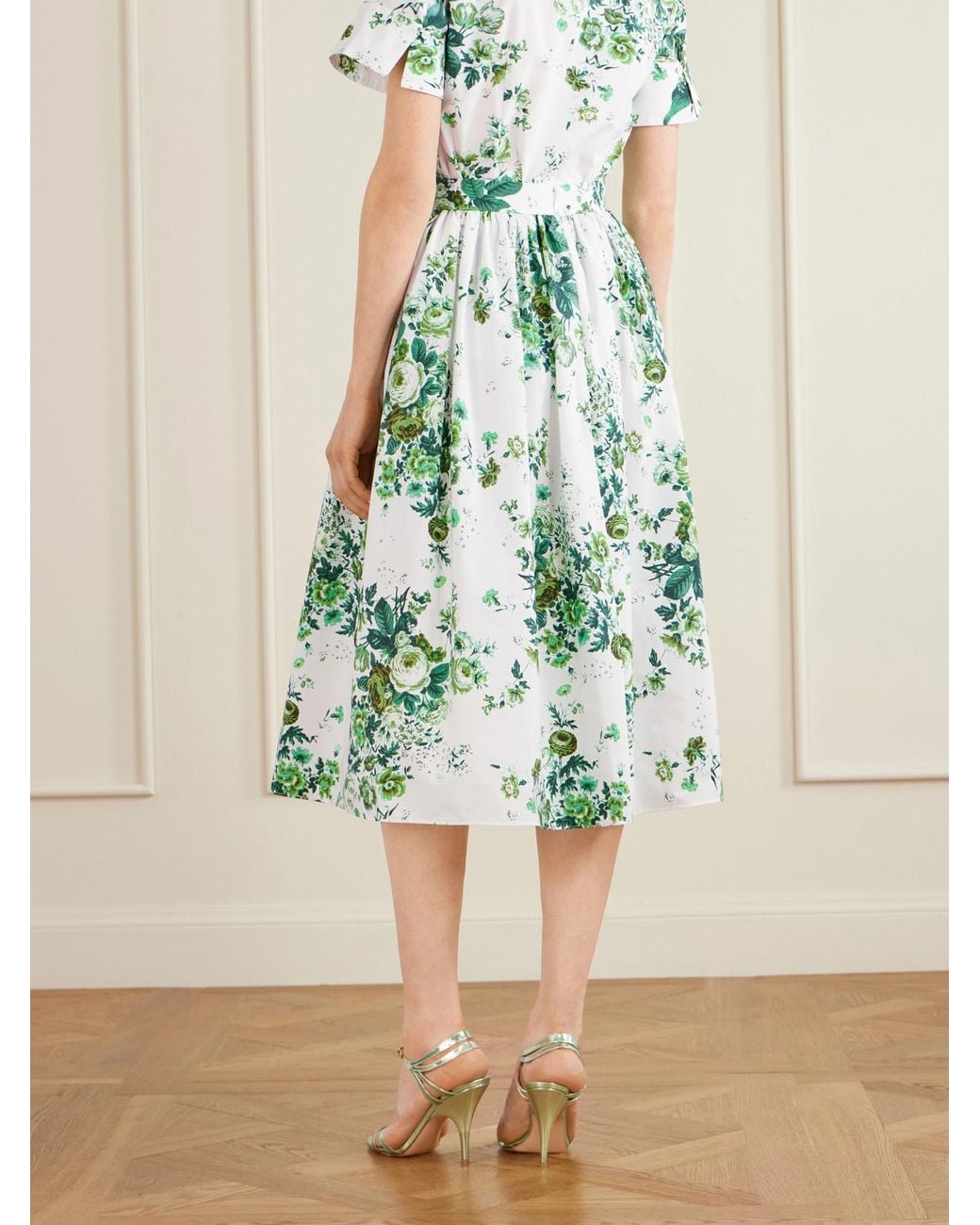Erdem Green Pleated Floral-Print Cotton-Poplin Midi Skirt