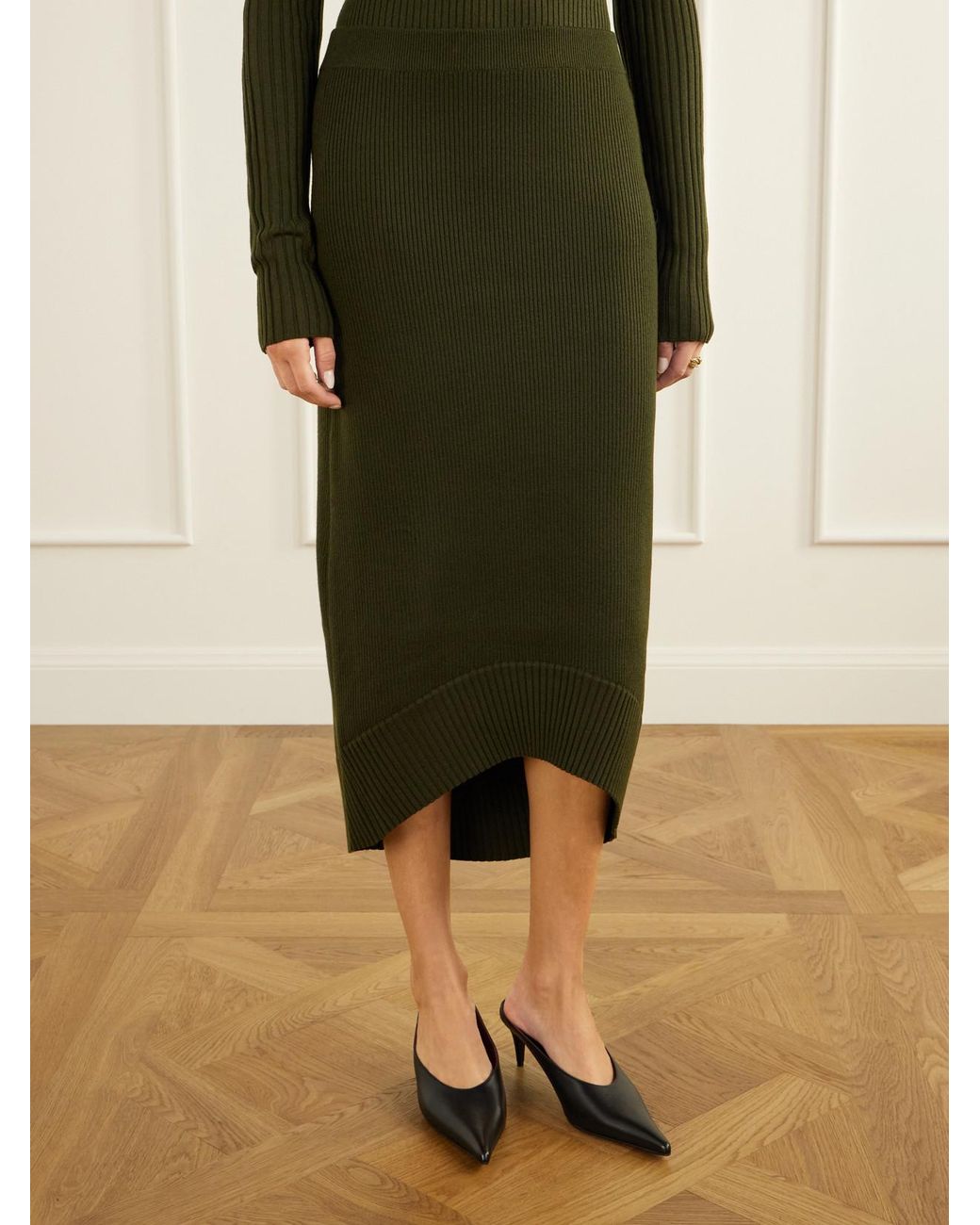 Victoria Beckham Green Ribbed Wool-Blend Midi Skirt