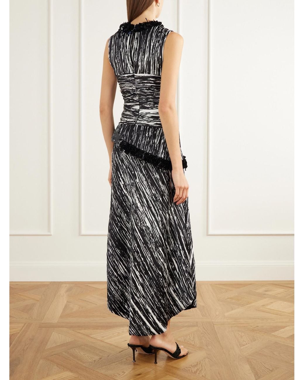 Brandon Maxwell White Fiora Sequin-Embellished Pleated Printed Satin-Jacquard Midi Dress