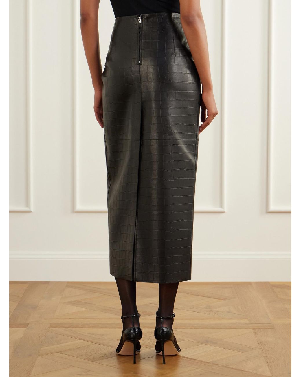 Nour Hammour Black Elyse Paneled Croc-Effect Leather Midi Skirt