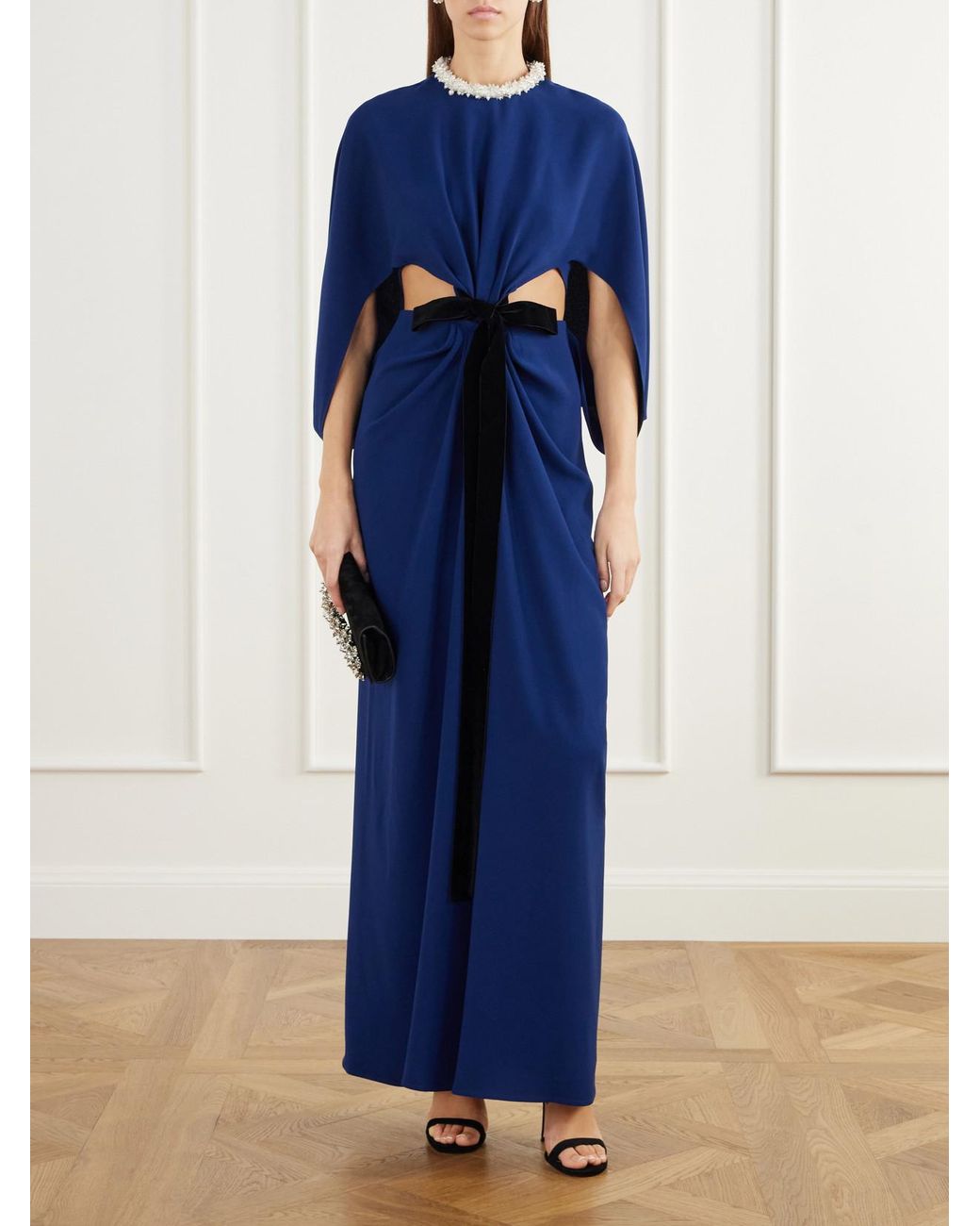 Jonathan Simkhai Blue Annette Cape-Effect Bead-Embellished Gathered Velvet-Trimmed Crepe Gown
