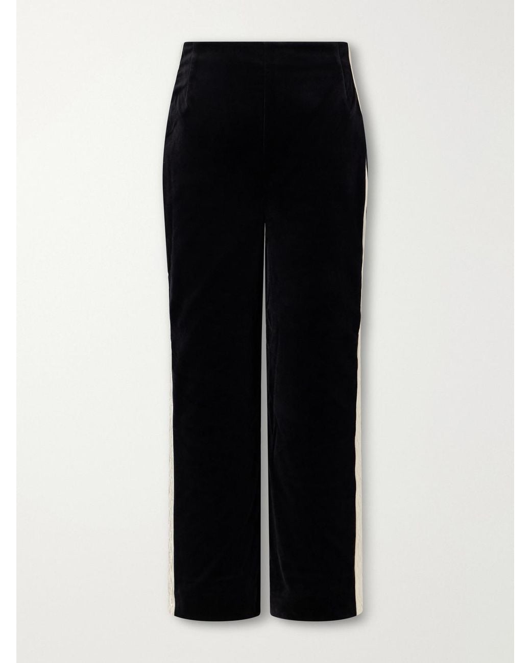 Posse Black Florian Cropped Embroidered Satin-Trimmed Cotton-Velvet Straight-Leg Pants