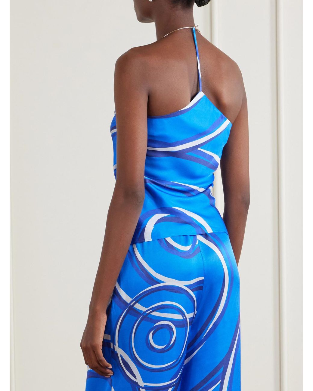 Themis Z Blue Elysia Asymmetric Printed Silk-Blend Satin Top