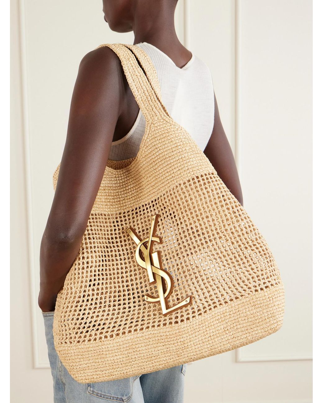 Saint Laurent Natural Icare Maxi Leather-Trimmed Raffia Tote