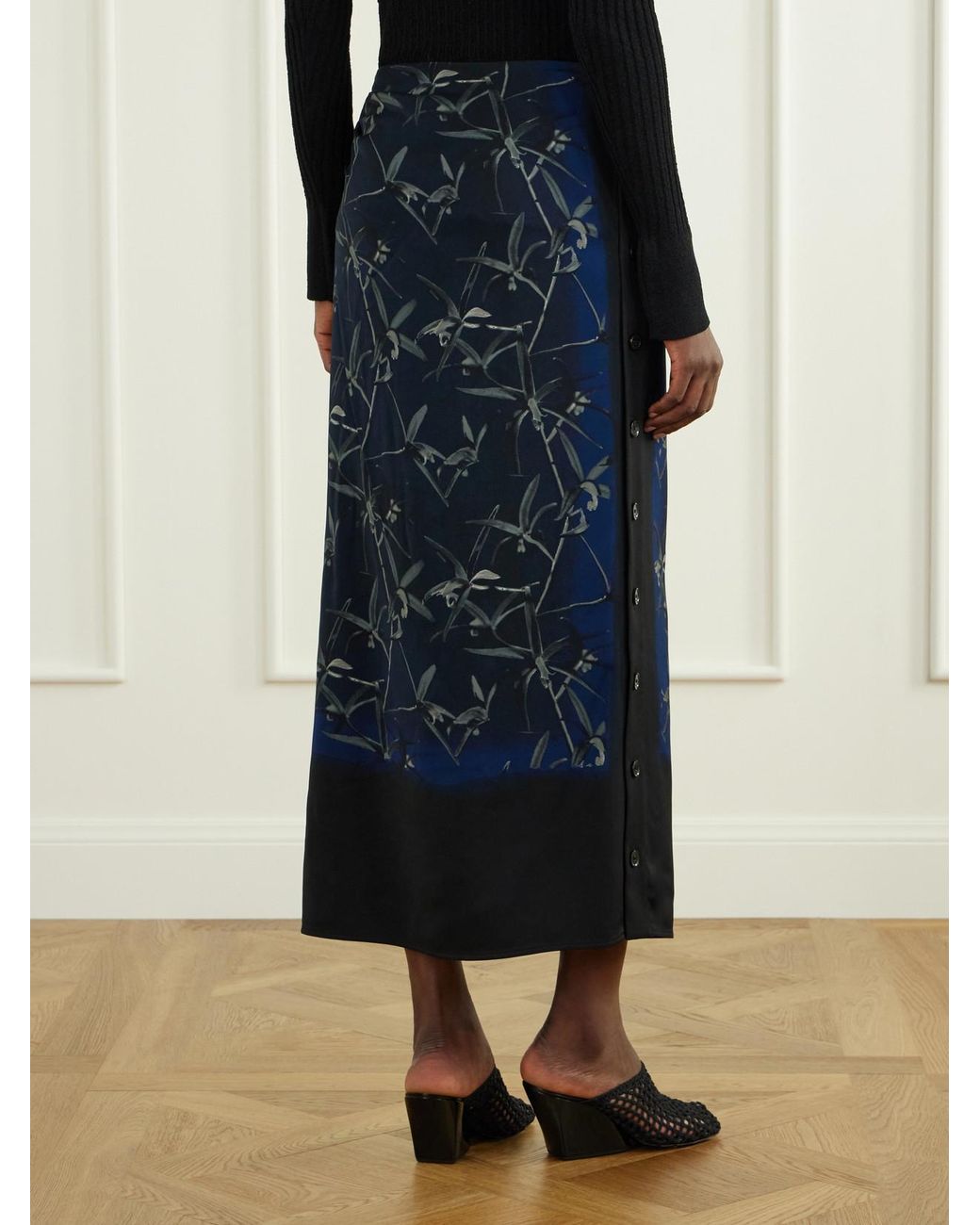 Proenza Schouler Blue Anais Floral-Print Button-Detailed Gathered Stretch-Cady Skirt