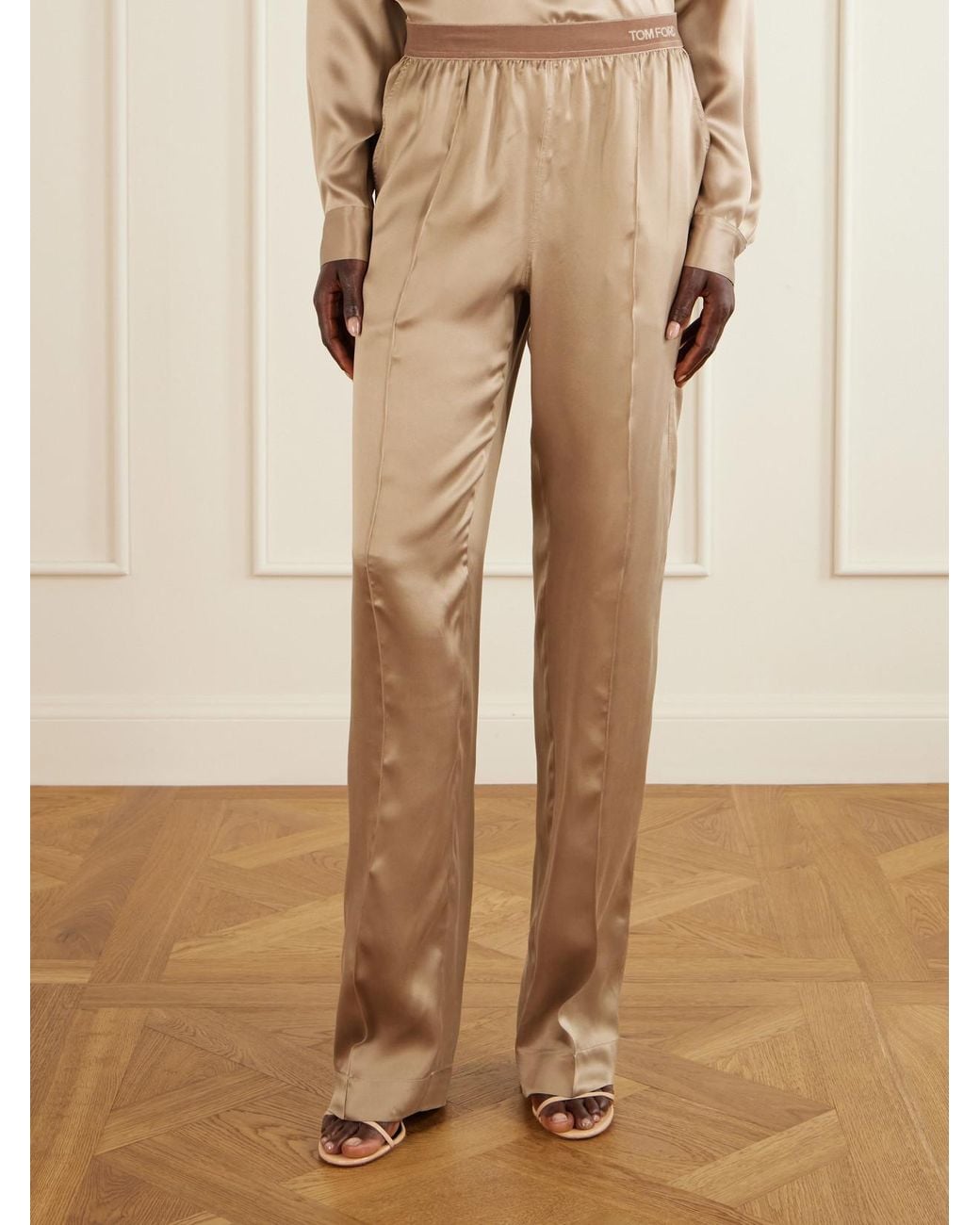 Tom Ford Natural Logo-Embroidered Velvet-Trimmed Silk-Satin Straight-Leg Pants