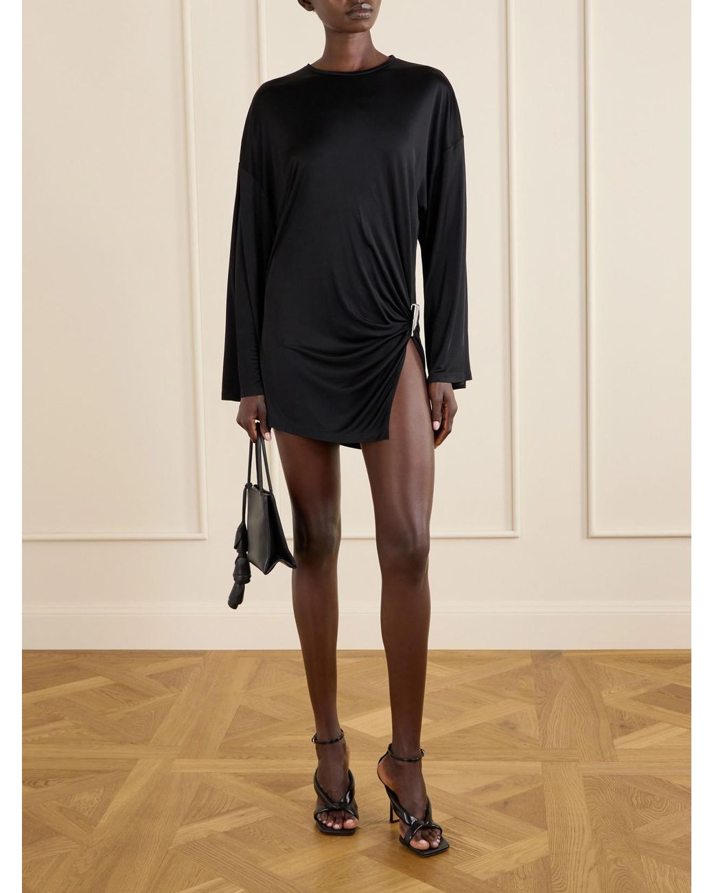 The Attico Black Gathered Satin Mini Dress