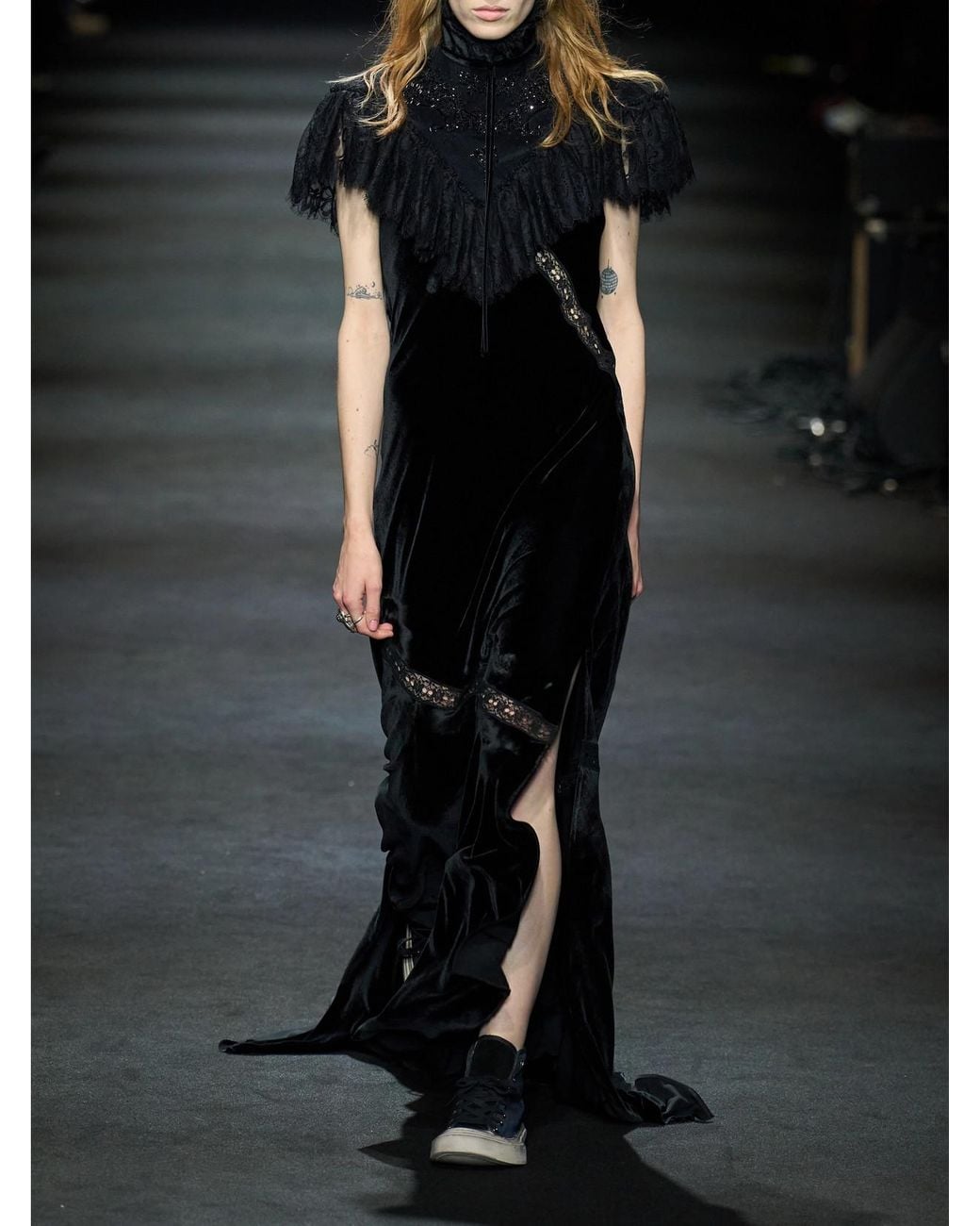 Ann Demeulemeester Black Lace-Trimmed Velvet Gown