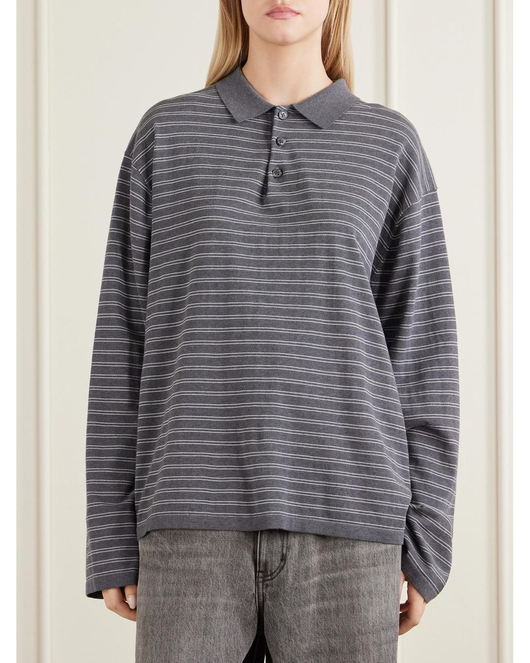 Nili Lotan Gray Foley Stripe Cotton Polo Shirt