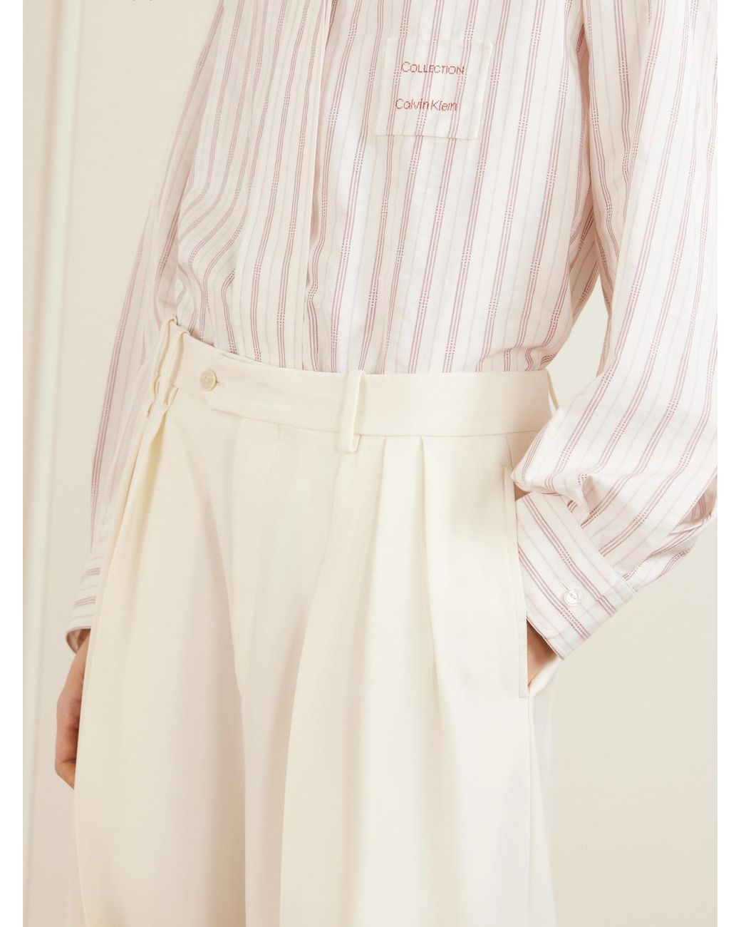 Calvin Klein White Alexandra Pleated Grain De Poudre Wool Wide-Leg Pants