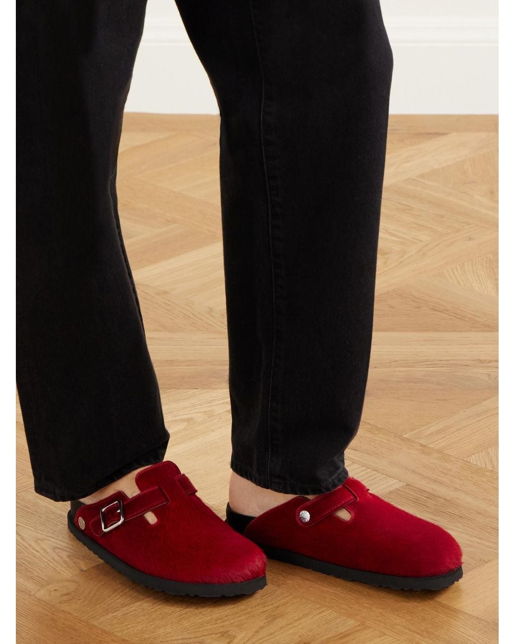 Birkenstock Boston Calf-Hair Mules in Red | Lyst