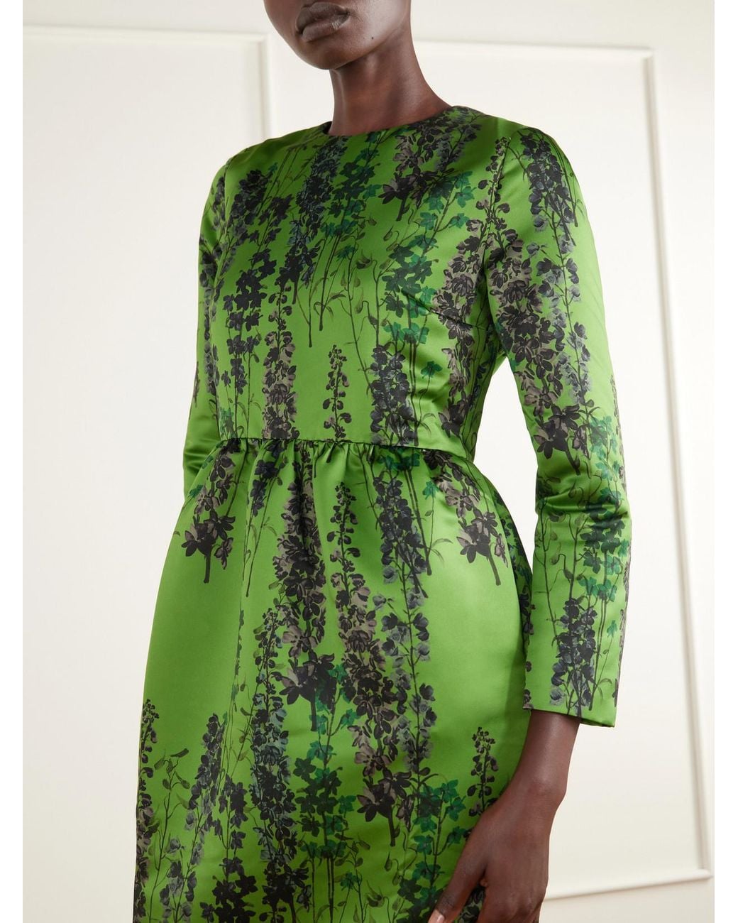 BERNADETTE Green Lenny Gathered Floral-Print Satin Midi Dress