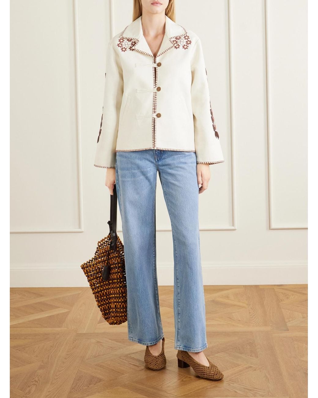Alix Of Bohemia Natural Western Cactus Bead-Embellished Textured-Silk Jacket
