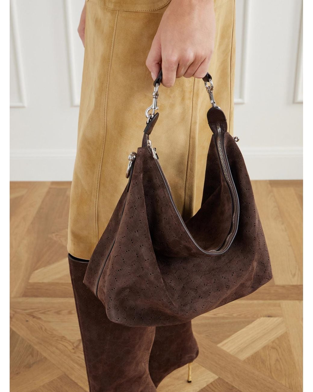 Gucci Brown Brera Web-Trimmed Perforated Suede Shoulder Bag