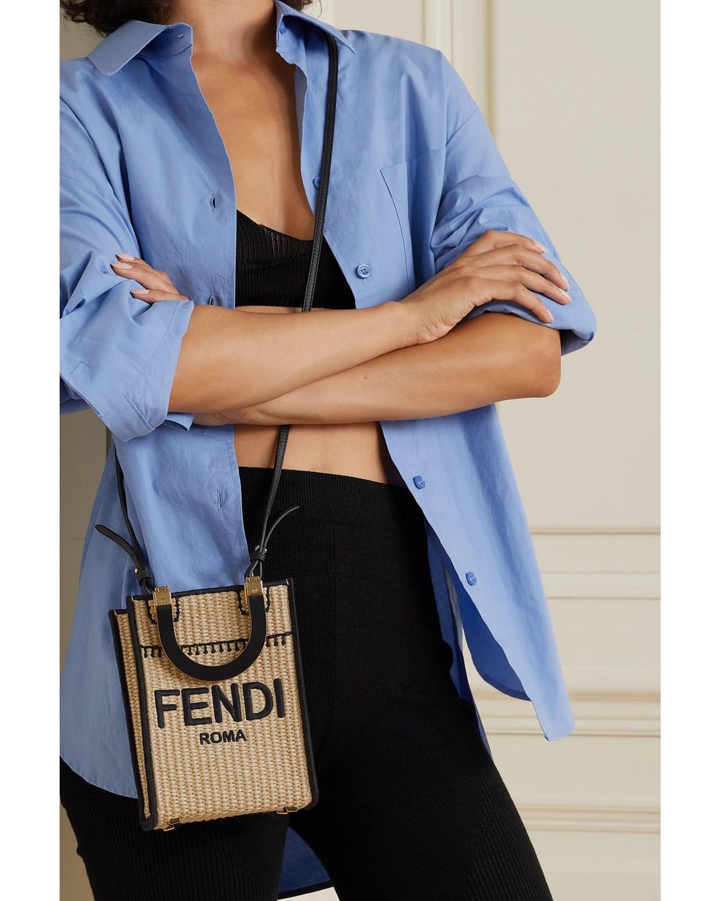 Fendi Neutral Sunshine Mini Straw Tote Bag