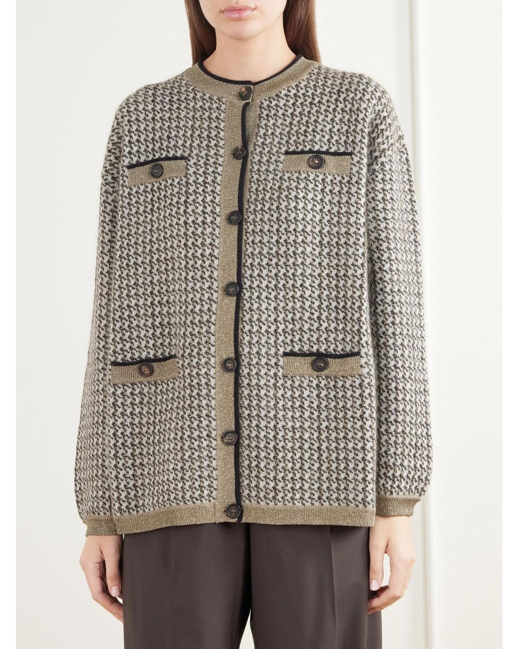 Brunello Cucinelli Gray Rib-Trimmed Houndstooth Knitted Cardigan