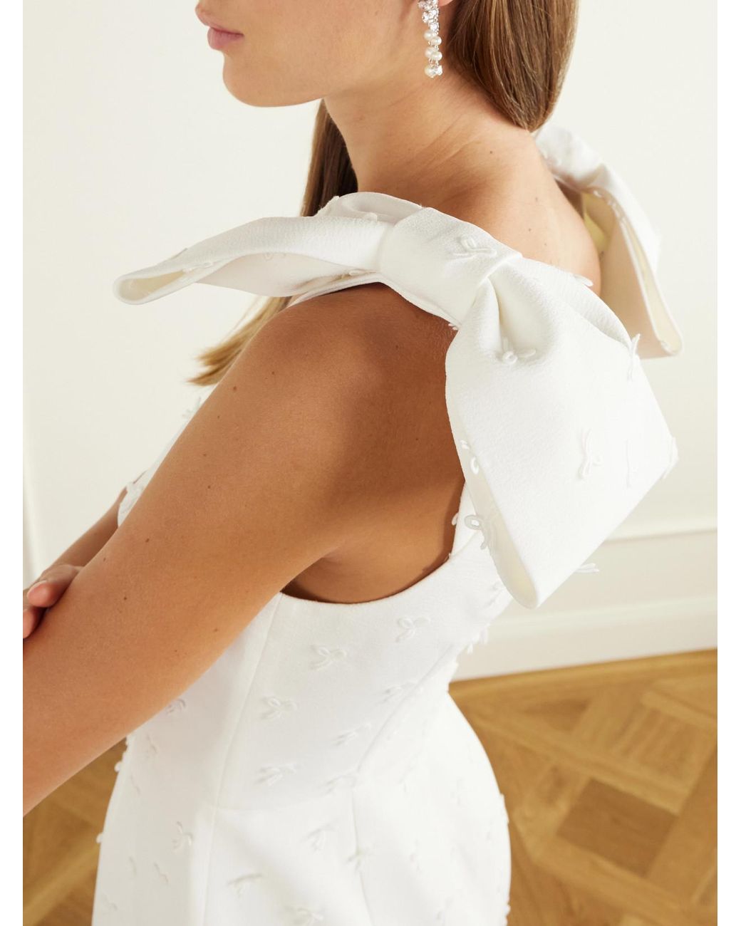 Rebecca Vallance White Mariee Bow-Detailed Embroidered Crepe Mini Dress