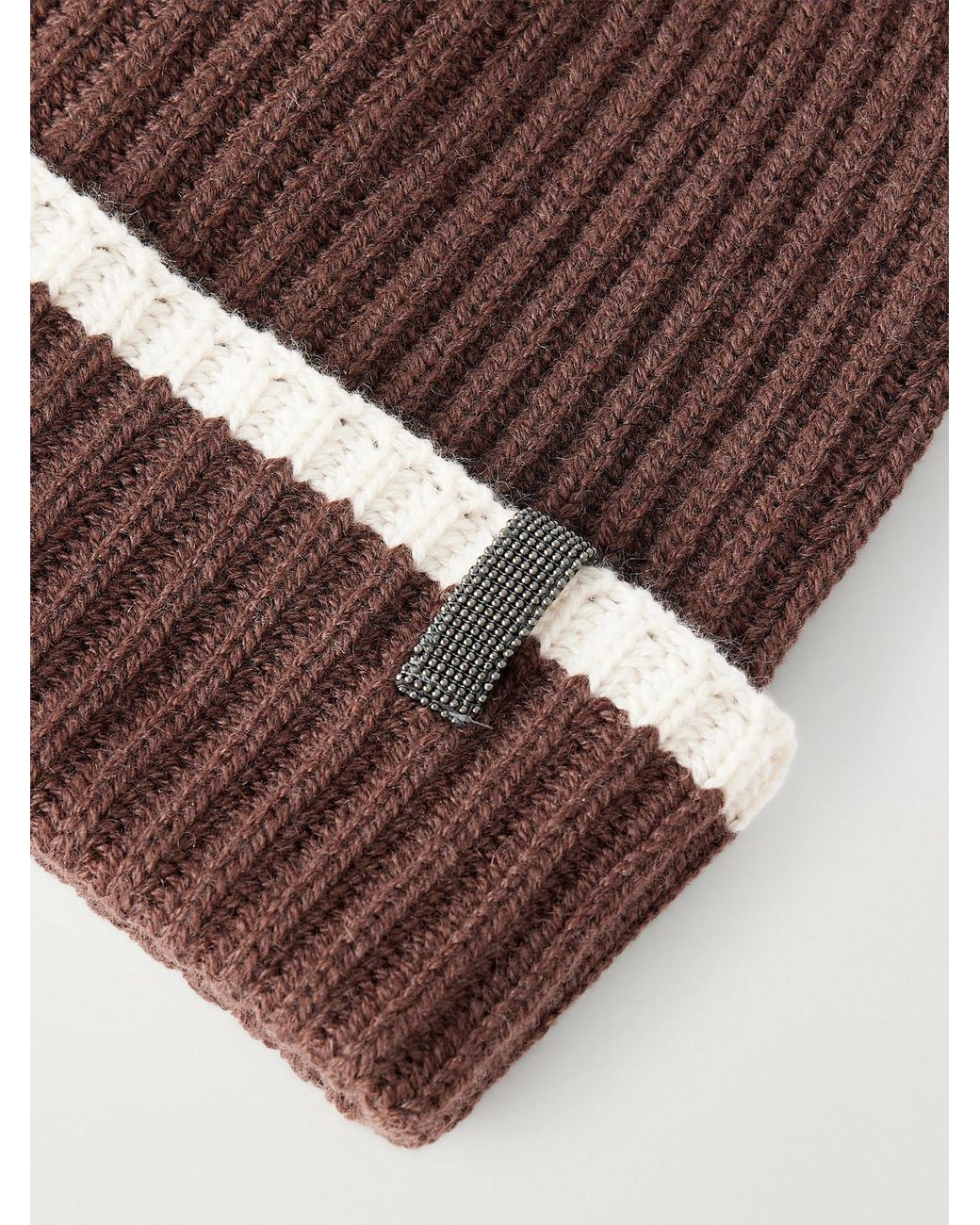 Brunello Cucinelli Red Embellished Striped Ribbed Cashmere Beanie