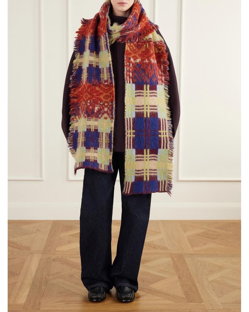 Dries Van Noten Blue Fringe-Trimmed Checked Brushed Wool-Blend Scarf