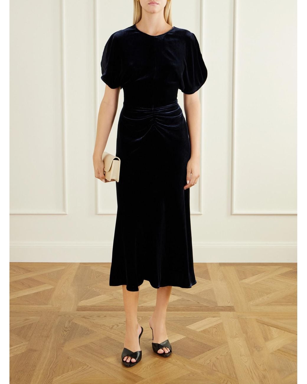 Victoria Beckham Black Bela Gathered Velvet Midi Dress