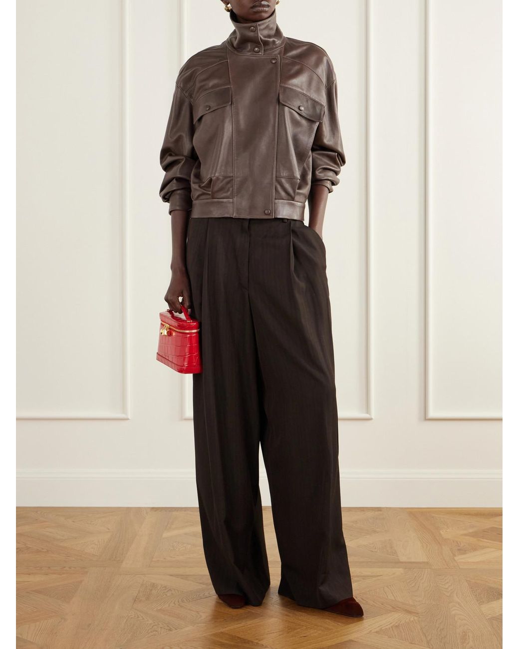 Nour Hammour Brown Quincy Cropped Paneled Leather Bomber Jacket