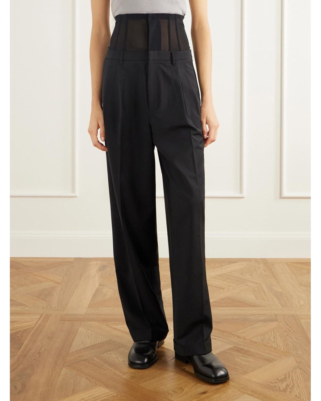 Tibi Black Mesh-Trimmed Pleated Fresco Straight-Leg Pants