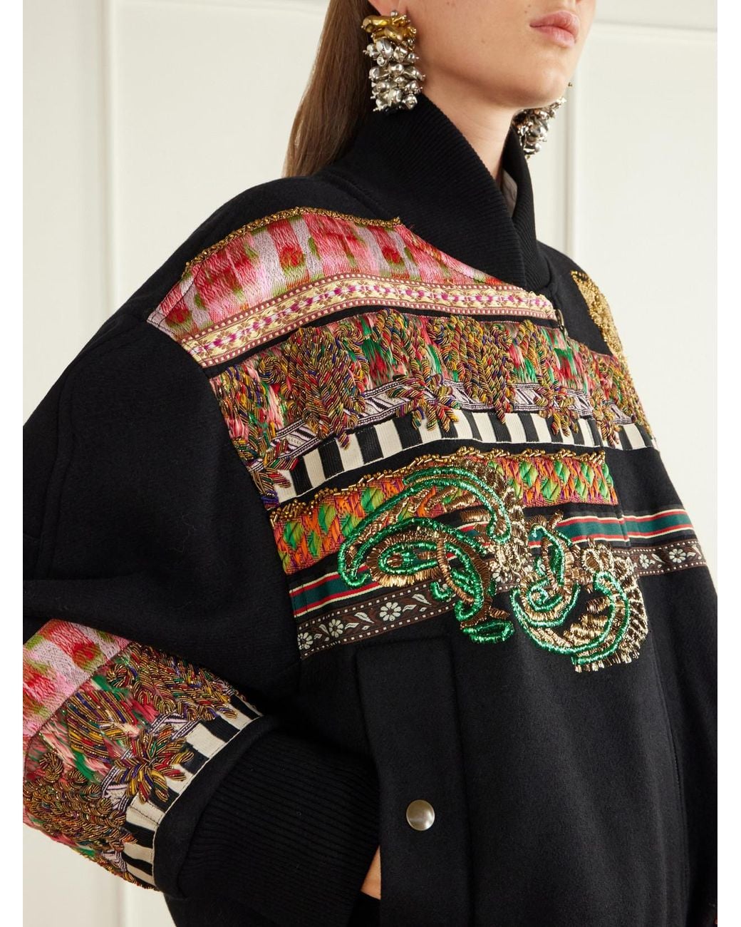 Dries Van Noten Black Embroidered-Embellished Rib-Trimmed Wool-Blend Twill Bomber Jacket