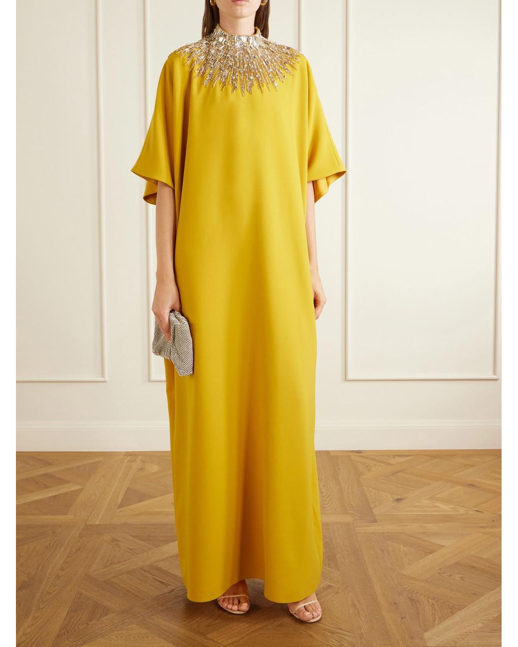 Jenny Packham Yellow Dessert Blossom Crystal-Embellished Crepe Gown