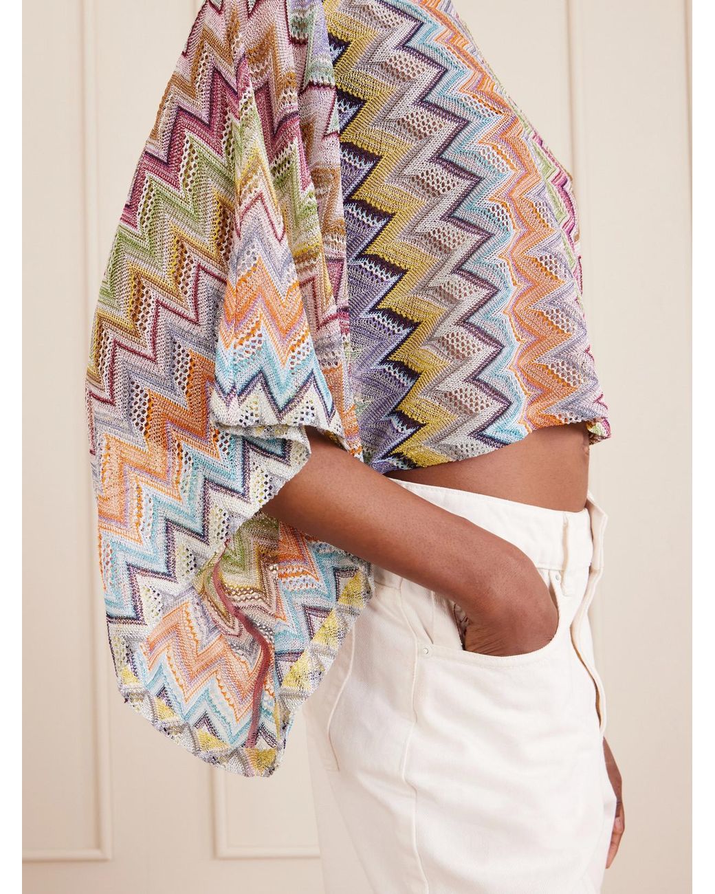 Missoni White Striped Cropped Metallic Crochet-Knit Top