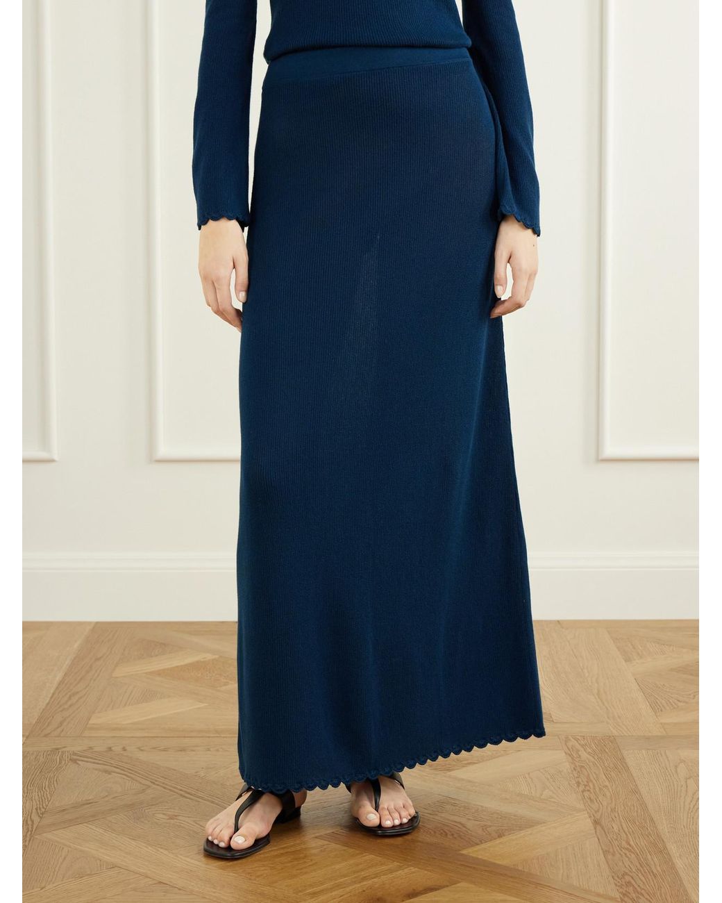 Escvdo Blue Bernabe Scalloped Ribbed Cotton Midi Skirt