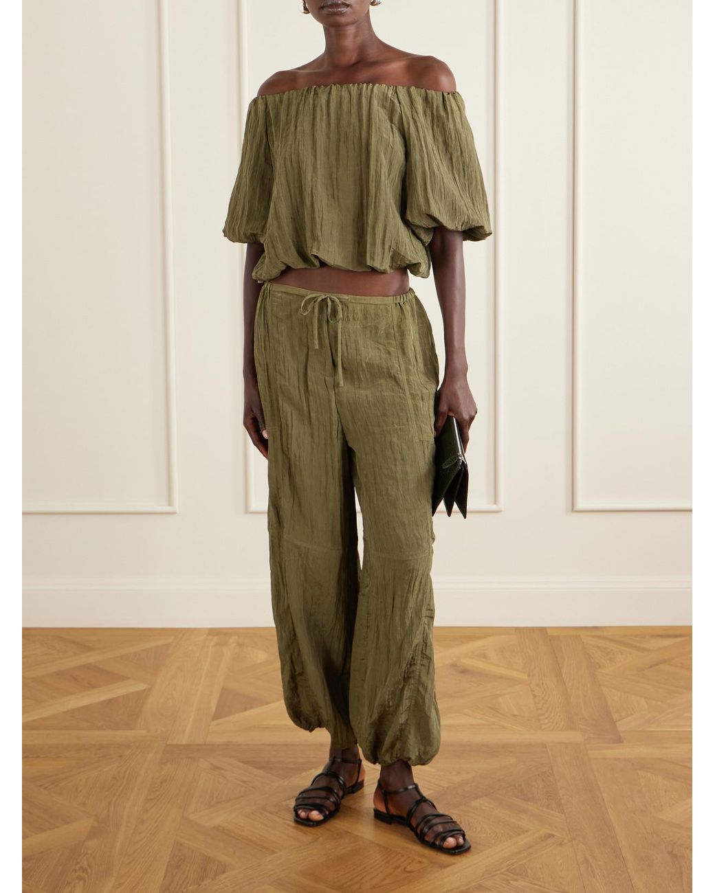 Jonathan Simkhai Green Anni Cropped Gathered Crepon Blouse