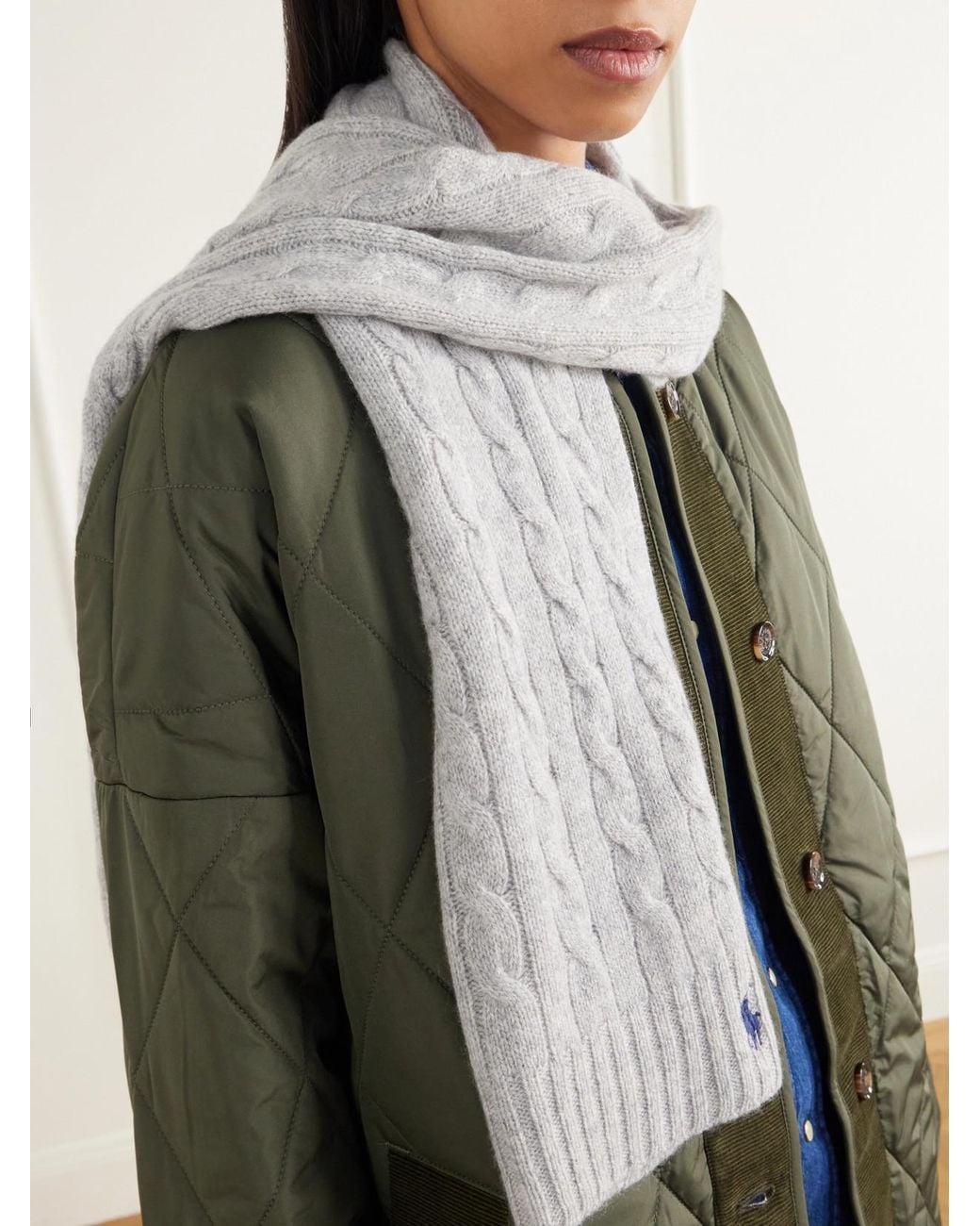 Polo Ralph Lauren White Logo-Embroidered Cable-Knit Wool And Cashmere-Blend Scarf