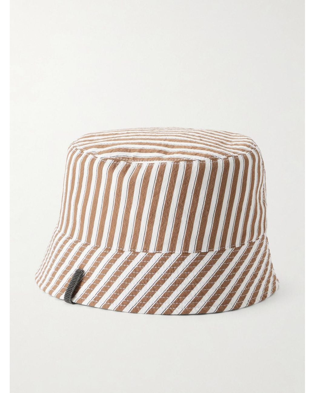 Brunello Cucinelli Natural Monili-Embellished Striped Cotton-Blend Twill Bucket Hat