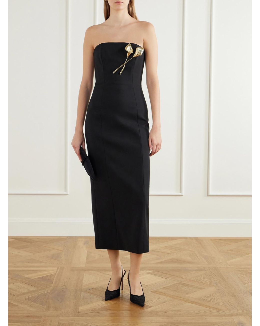 Carolina Herrera Black Strapless Embellished Wool-Blend Gown